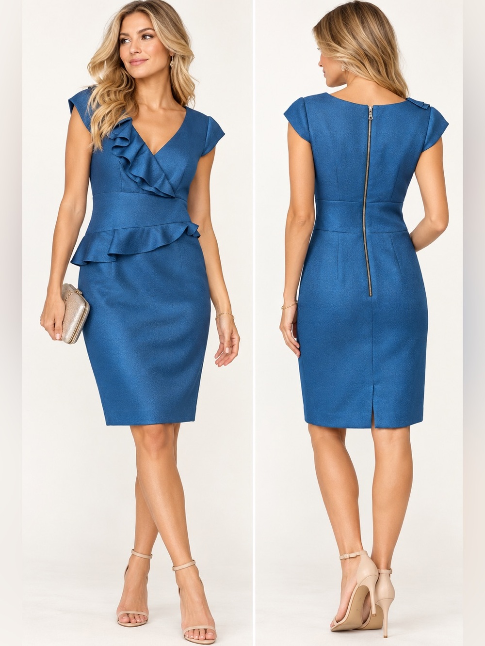 Kay Unger Blue Ruffle Sheath Dress Size 6 Cocktail Wedding Guest